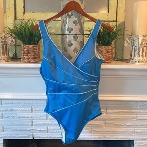 Miraclesuit Slimming Contouring Blue Wrap One Piece Swimsuit Scoop Back 14